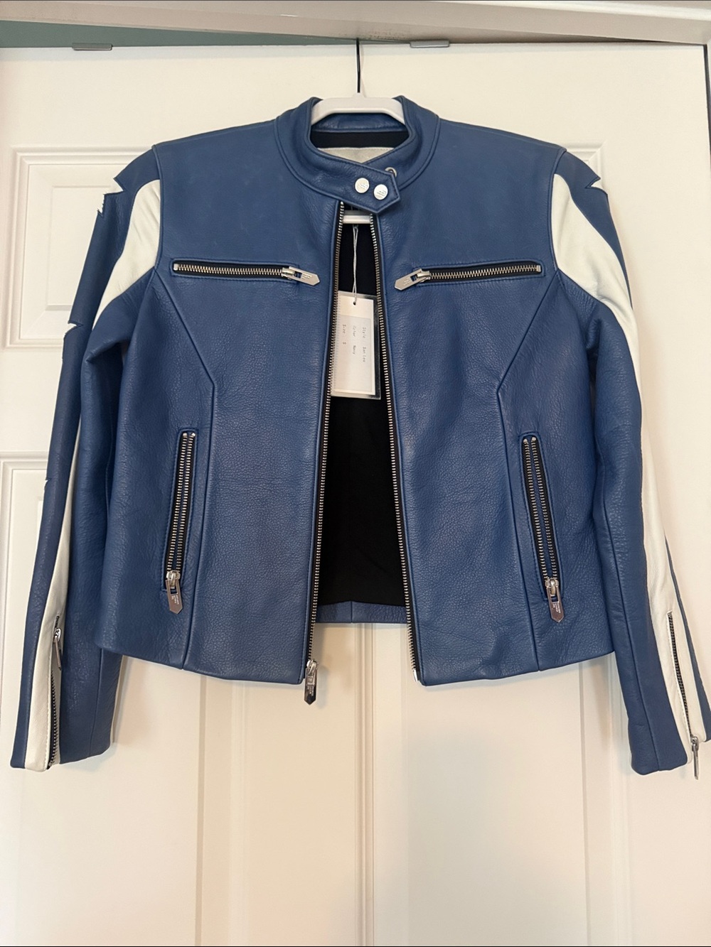 THE MIGHTY COMPANY Blue and White Leather Moto Jacket